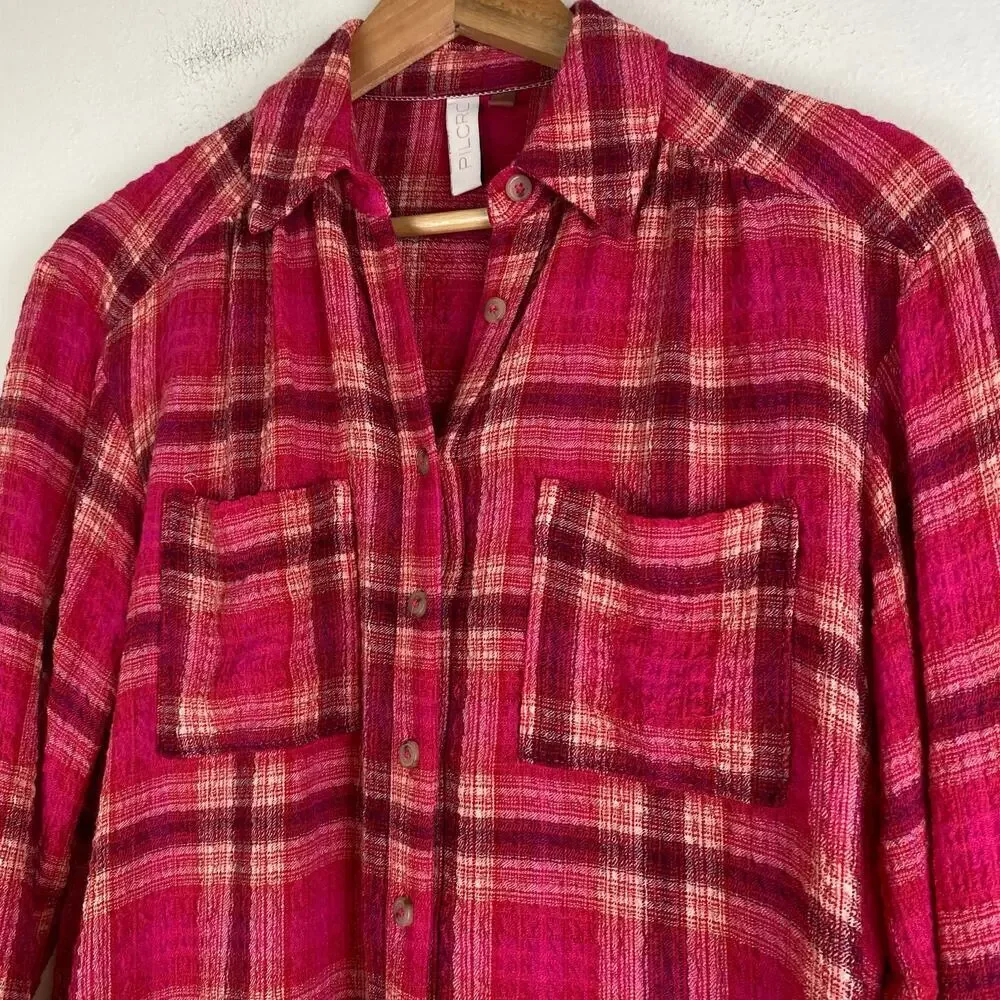 Pilcro Oversized Pink Plaid Seamed Buttondown Tunic Top Size XS - Picture 6 of 13